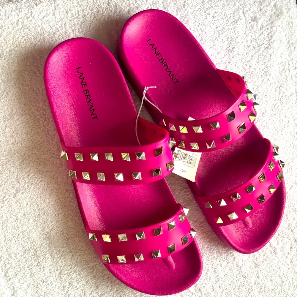 Studded hot pink slide sandals, 10W